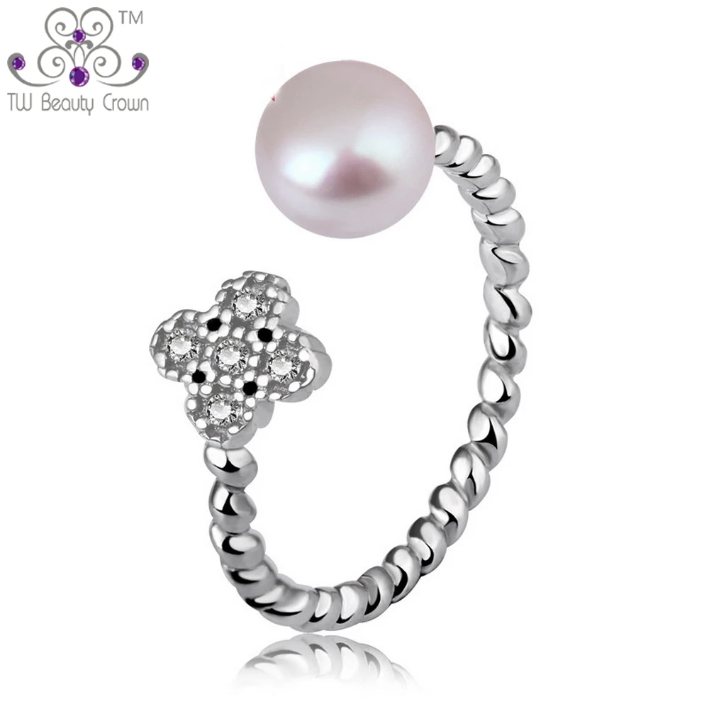 

2017 New Real 925 Sterling Silver Cute White Natural Freshwater Pearls 4 Leaf Clover Flower Ring For Women Girls Fashion Jewelry