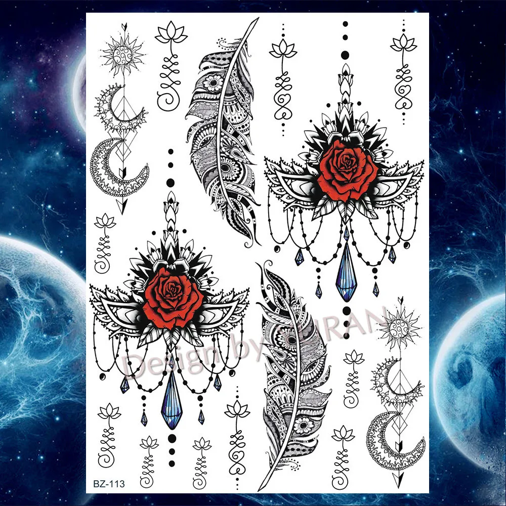 Черная Роза 3D Водонепроницаемый Временные татуировки иллюстрации наклейки Пион цветок поддельные сексуальные карандаш для татуировки рисунок лист женский боди-арт - Цвет: GBZ113