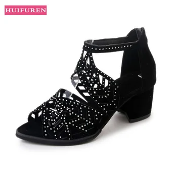 

Woman High Heels Sandals 2019 Summer Square Heel Shoes Woman Rome Style Bling Cut-out Design Female Fashion Sandal Footwear