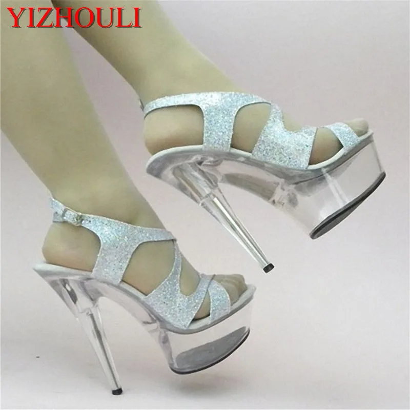 

15cm Colorful Sexy High-Heeled Shoes Crystal Sandals Shoes 6 Inch Stiletto High Heels Clear Platforms Silver Glitter Sexy Sandal