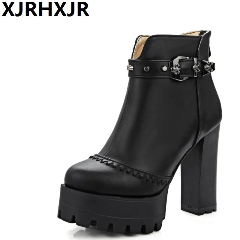 

XJRHXJR British Style Ankle Boots Sexy High Heels for Woman Shoes Round Toe Platform Ankle Boots Zip Buckle Riding Boots Black