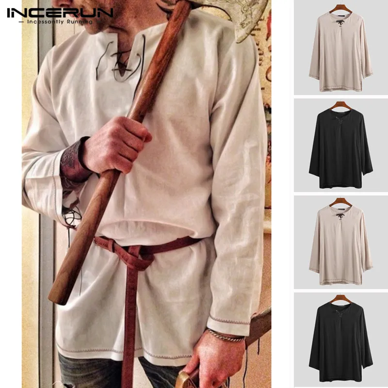 

INCERUN Medieval Men Tunic Shirt Ancient Slavic Vikings Knight Warrior Tops Long Sleeve Retro V Neck Shirts Men 2019 Renaissance