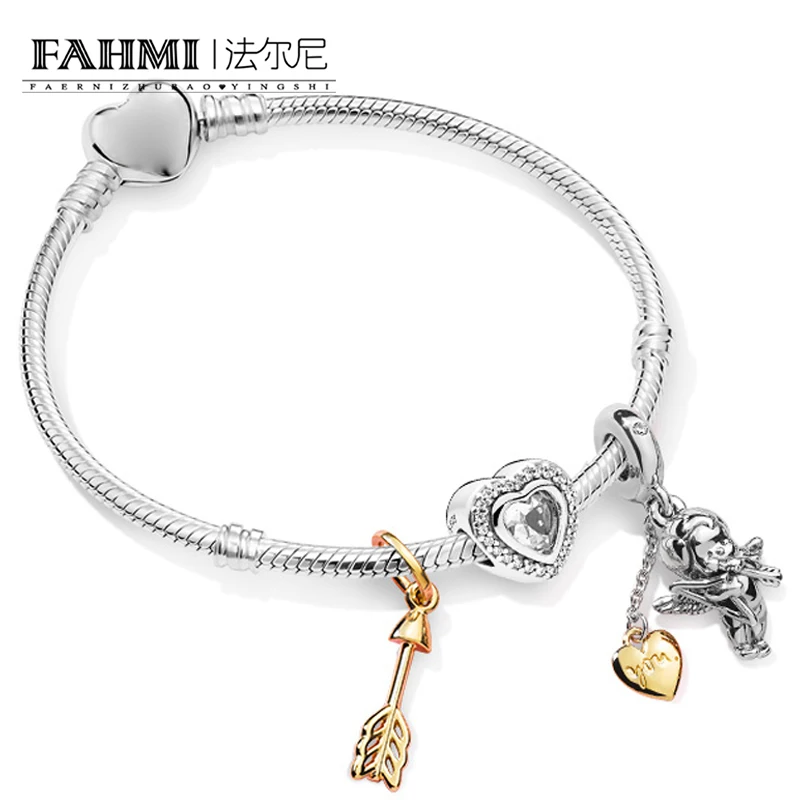 

FAHMI 100% 925 Sterling Silver Arrow of Cupid Hanging Charm Heart-shaped Stringed Bracelet Set Valentine's Day Gift ZT0222