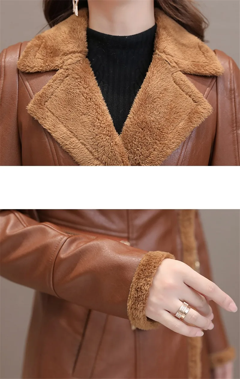 Women Leather Windbreaker Plus Velvet Thick PU Leather Cotton Coat Long Suit Collar Large Size Fashion Warm Leather Jacket