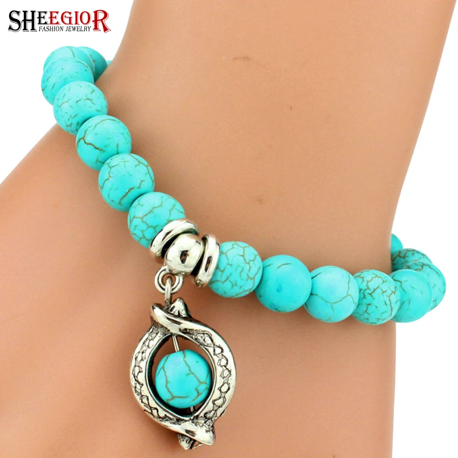 Classic Natural Turquoises Elephant Bracelet Fashion Natural Stone Beaded Stretch Bracelet Best Gift for Men and Women