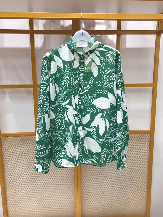 

Women Shirt 2019 Autumn / Winter New Silk Cotton Women's Green/orange flower Print Shirt