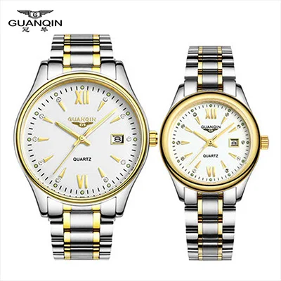 GUANQIN парный комплект часов для мужчин и женщин модные часы для влюбленных наручные часы с отметкой даты роскошные золотые кварцевые часы женские наручные часы - Цвет: White gold