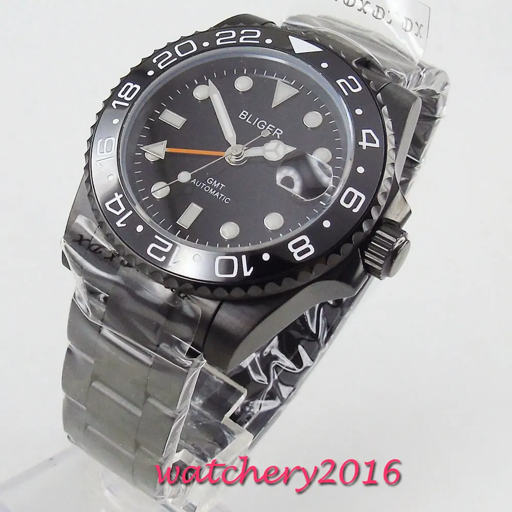 40 мм черный циферблат PVD керамический ободок GMT сапфировое стекло супер LUME Дата