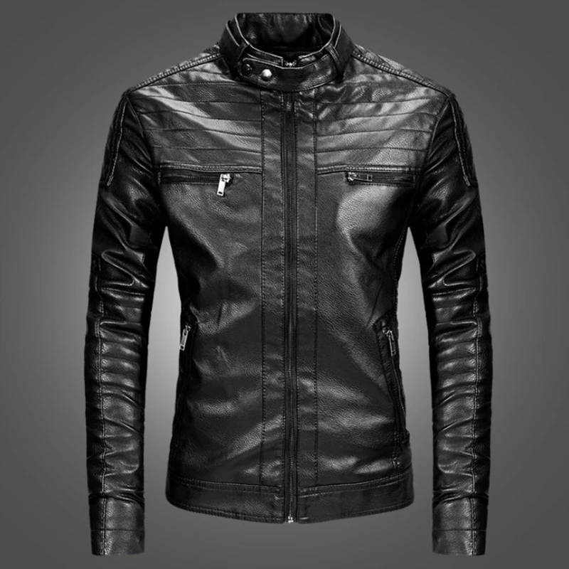 Новый Для мужчин Кожаная куртка Модные Черные мотоциклетные кожаная Slim Fit