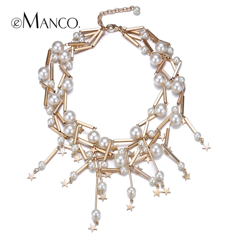 

eManco Creative chain necklace multilayer brass chain design with cute Imitation pearl brand star pendant chokers necklaces