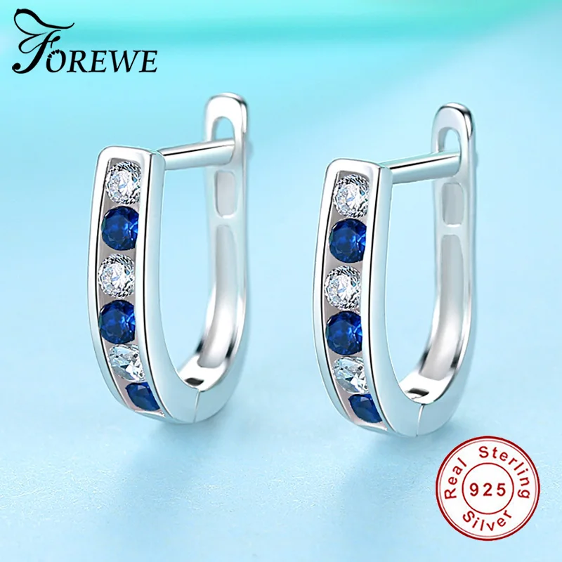 

FOREWE 100% Pure 925 Sterling Silver Blue Crystal Hoop Earrings for Women Forever Round Earrings Sterling Silver Jewelry