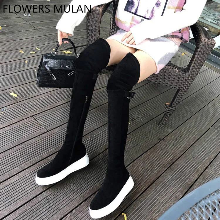 

Black Flock Upper Stretch Fabric Sock Boots For Woman Round Toe Platform Thick Bottom Winter Shoes Woman Thigh High Boots Runway
