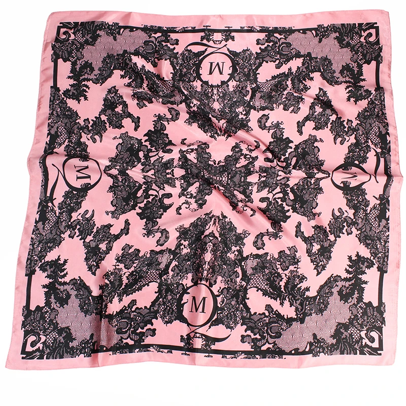 O CHUANG Fashion Silk Scarf Black Flower Print Large Luxury Brand Wraps Shawl Head Foulard Soie Square Women Scarves 90X90