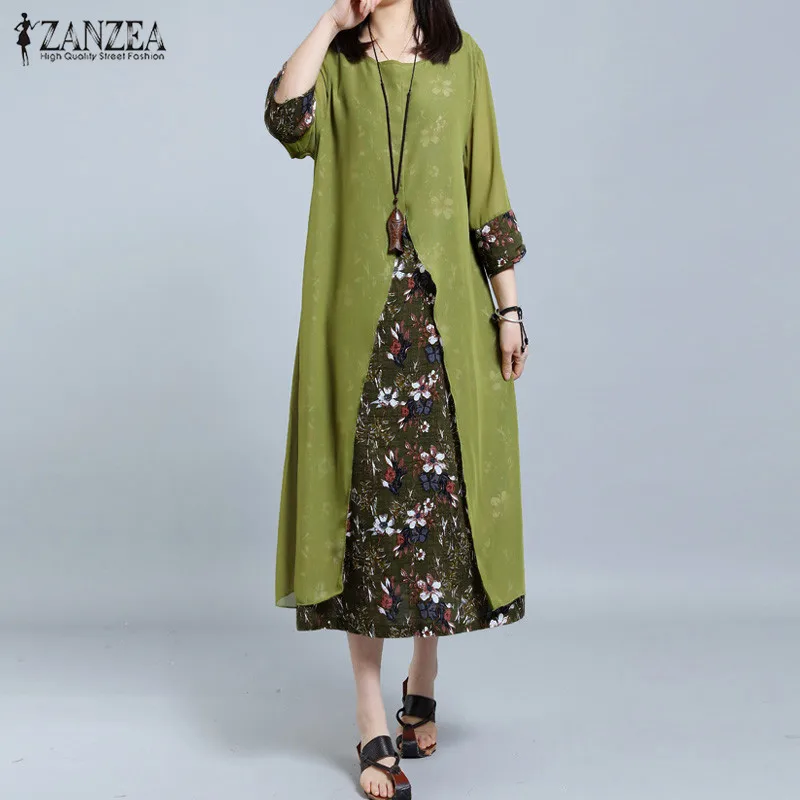 ZANZEA, женские Свободные Повседневные Вечерние платья больших размеров с рукавом 3/4, шифоновое Хлопковое платье в стиле пэчворк, летний сарафан с цветочным принтом, длинные платья