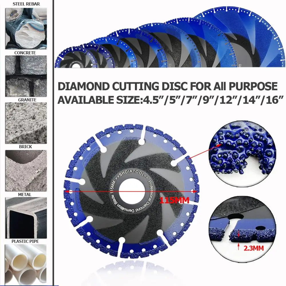 DIATOOL 1pc Vacuum Brazed Diamond Blade for All Purpose For stone iron steel Demolition Blade