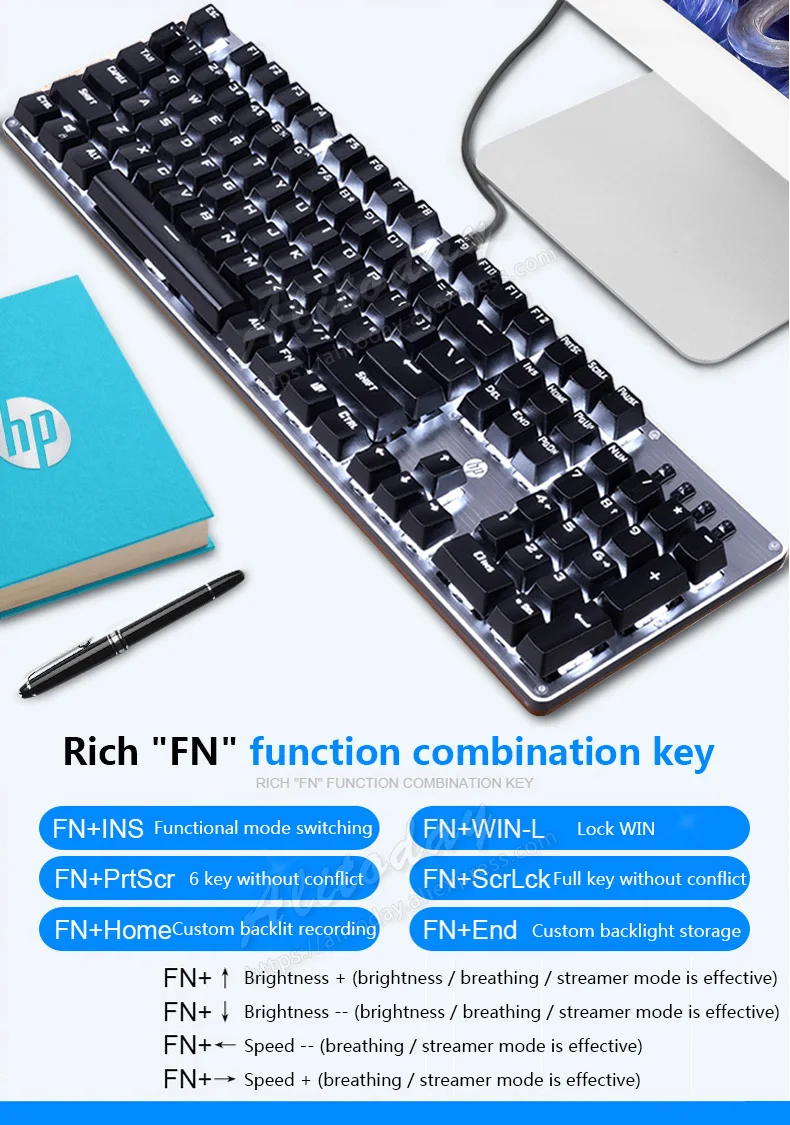 Hp GK100 механическая клавиатура синий/черный/красный ось проводной портативных ПК офис игровая клавиатура