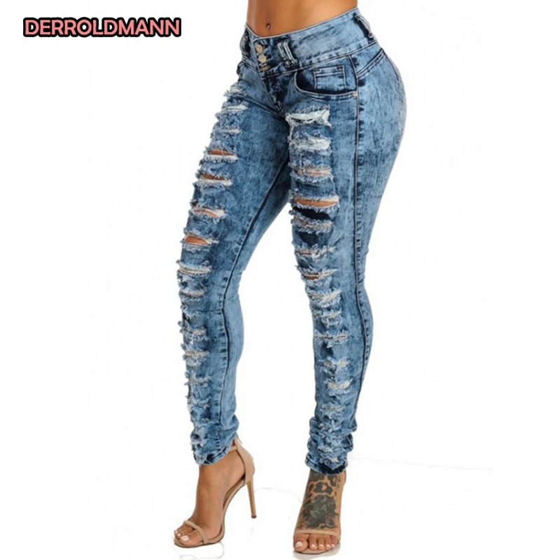Pantalones rotos de cintura alta para mujer, rotos, pantalones de tubo ajustados de rasgados, Vaqueros huecos con botón y vaqueros de mujer|Pantalones vaqueros| - AliExpress