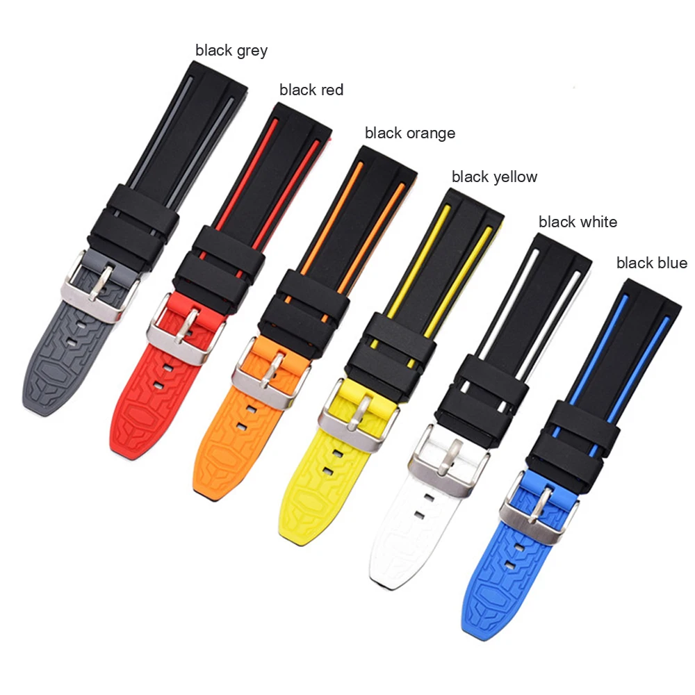 

20 22 24mm Silicone Rubber Watch Band Bracelet Exchange Waterproof Strap With Silver Pin Buckle