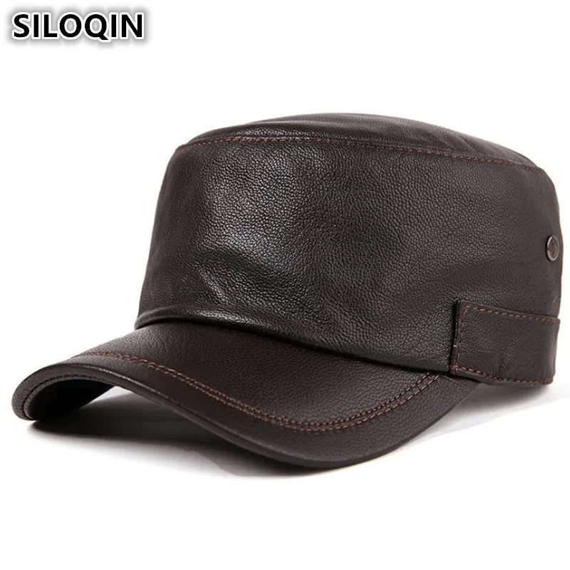 

SILOQIN Adjustable Size Men's Snapback Cap Genuine Leather Hat Sheepskin Baseball Caps For Men New Autumn Winter Brands Flat Cap