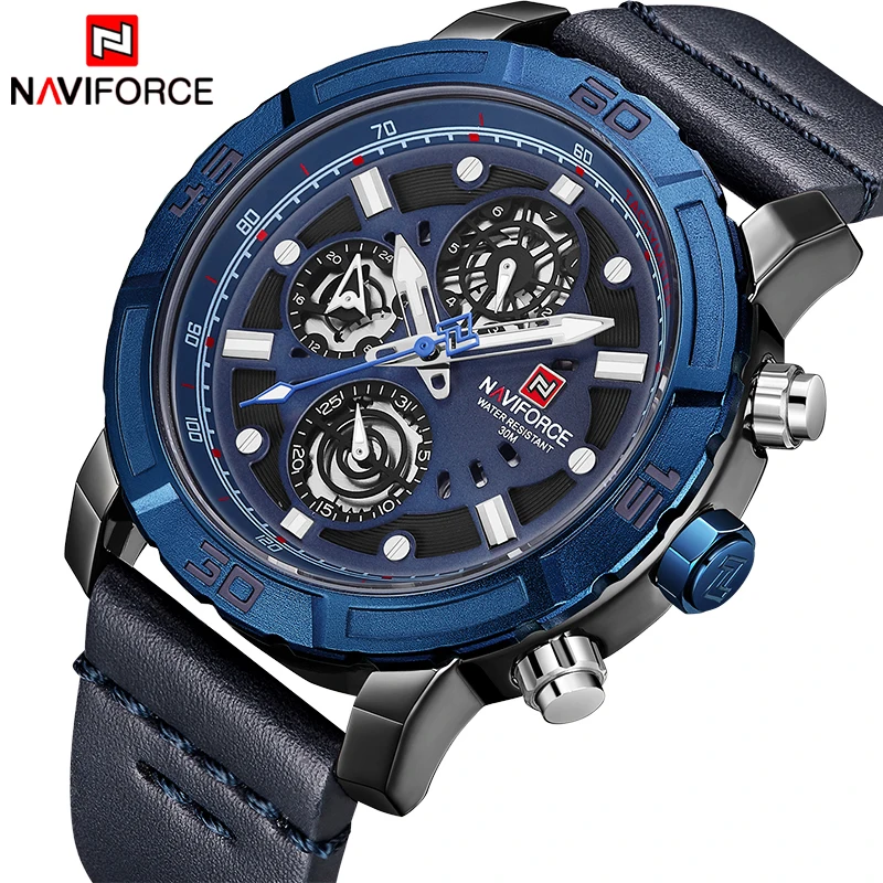 

NAVIFORCE Mens Watches Top Brand Luxury Sport Multi-function Quartz-Watch Leather Strap Clock Men Waterproof Wristwatch Relogio