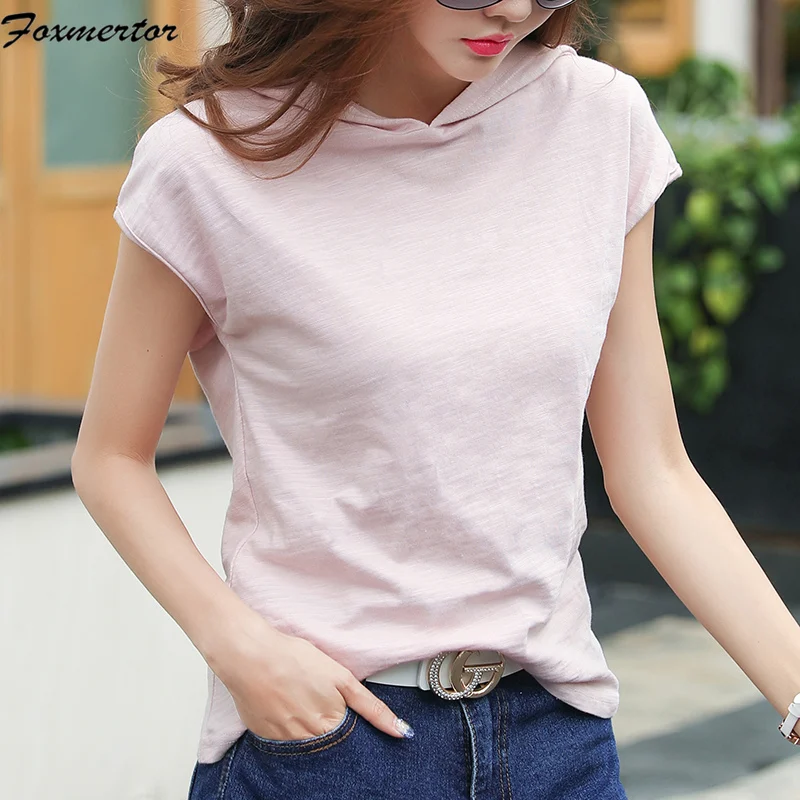 

T Shirt Women 2019 Summer Hooded T-Shirt Casual Tshirt Woman Cotton Top Tee Female Solid Short Sleeve Pink Camisetas Feminina
