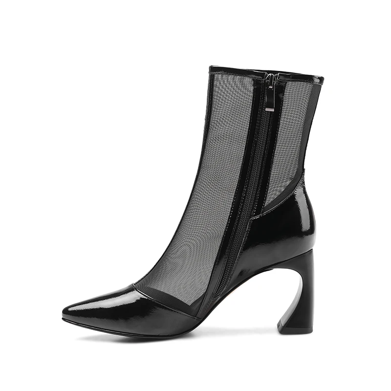 Femmes Boot Isnom Chaussures black Printemps Nouveau Talon En Insolite Bottes Mode Verni Pointu Femelle Black Maille 2019 Bout Femme Long Short Cuir wzApnzqI
