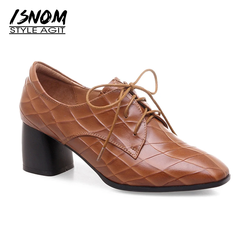 

ISNOM Cow Leather Women Pumps Autumn High Heels Shoes Square Heels Footwear 2018 New Casual Fashion Lady Shoes Big Size 34-42