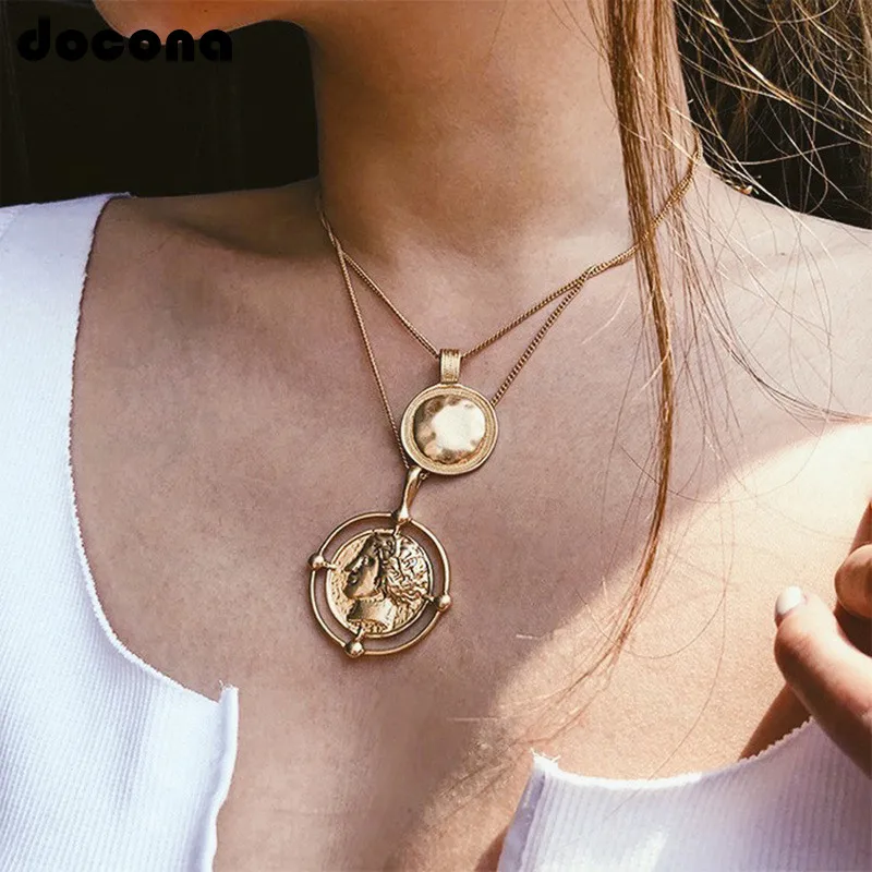 

Docona Bohemia Geometric Carved Badge Pendant Necklace Layered Gold Chain Necklace for Women Charms Choker Jewelry Necklace 6667