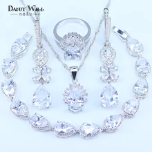 Натуральное серебро 925, наборы свадебных ювелирных изделий, белый CZ бисер, украшения для женщин, висячие серьги, подвеска, ожерелье, кольца, браслеты, наборы
