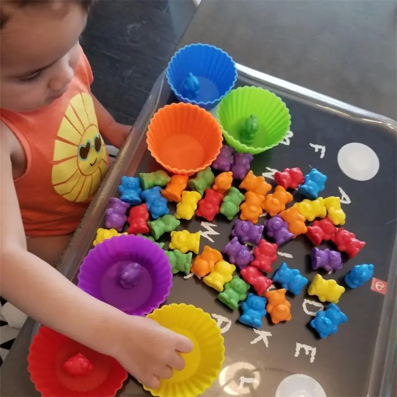 Счетные медведи со штабелирование чашек-Монтессори радужные подходящие игры, развивающие цветные сортировочные Игрушки для малышей
