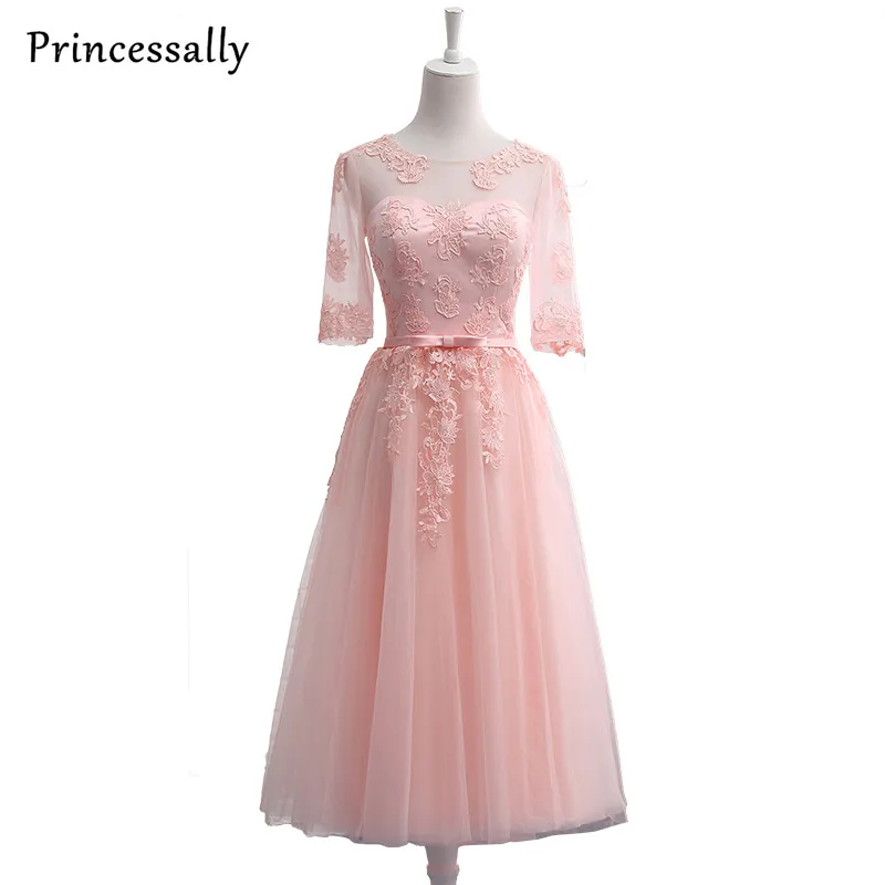 

Robe De Soriee Sweet Pink Evening Dresses Embroidery Lace Half Sleeved Bride Banquet Elegant Cheap Graduation Party Prom Dress