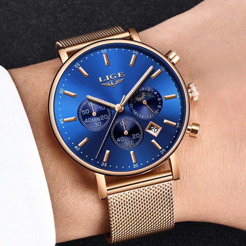 LIGE Mens Watches Top Brand Luxury Quartz Wristwatch Mem Grid strap All Steel Waterproof Sport Chronograph+Box Relogio Masculino