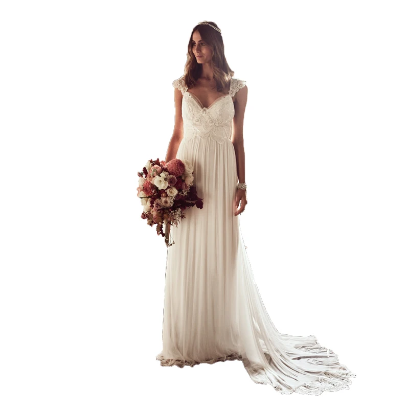 

Chic Boho Wedding Dress with Train V-neck Backless Bridal Gown Robe De Mariee Cap Sleeve Lace Vintage Bride Beach Wedding Dress