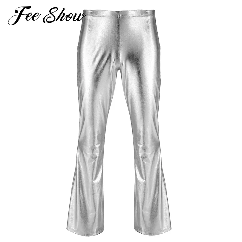

Adult Mens Fashion Shiny Metallic Holographic Pants with Bell Bottom Flared Disco Long Pants Dude Costume Trousers