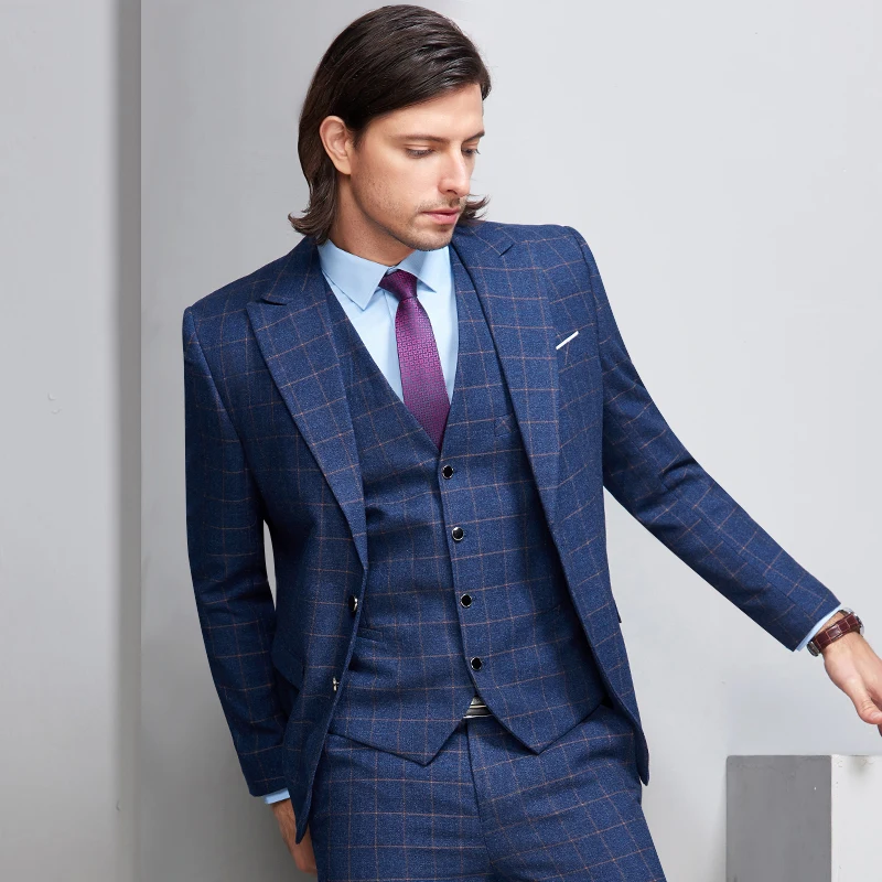 desirable time formal men blue plaid suits for wedding groom formal time