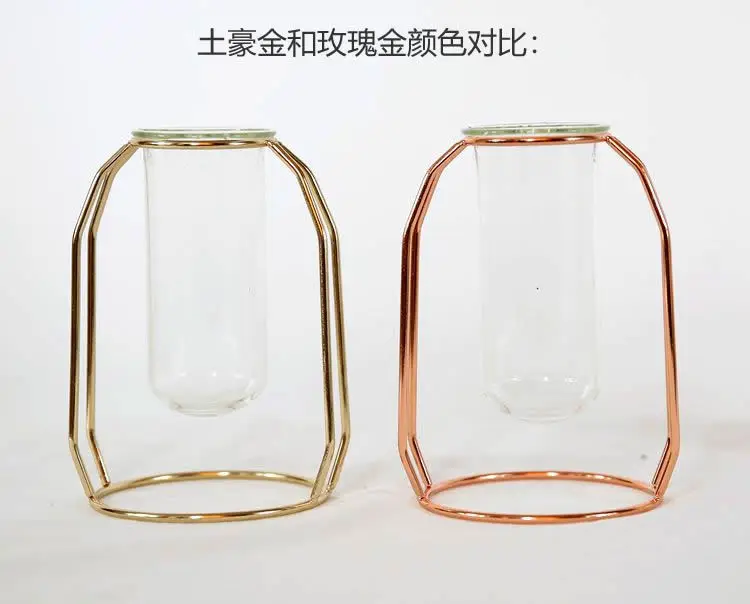 Kaufen 1 satz Nordic Stil Glas Eisen Kunst Vase Rose Gold Kreative Hängen Reagenzglas Vase Hause Büro Dekoration Weihnachten Geschenk