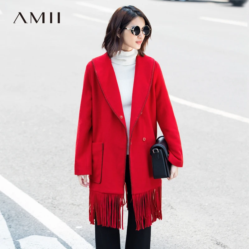 

Amii Casual Women Woolen Coat 2018 Winter Tassel Covered Button Wide-waisted Female Wool Blends