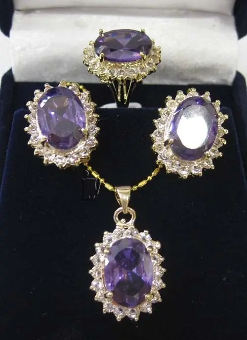 

Faceted Russican Amethyst pendant necklace earrings ring set>^^1>18K gold plated watch Quartz stone CZ crystal