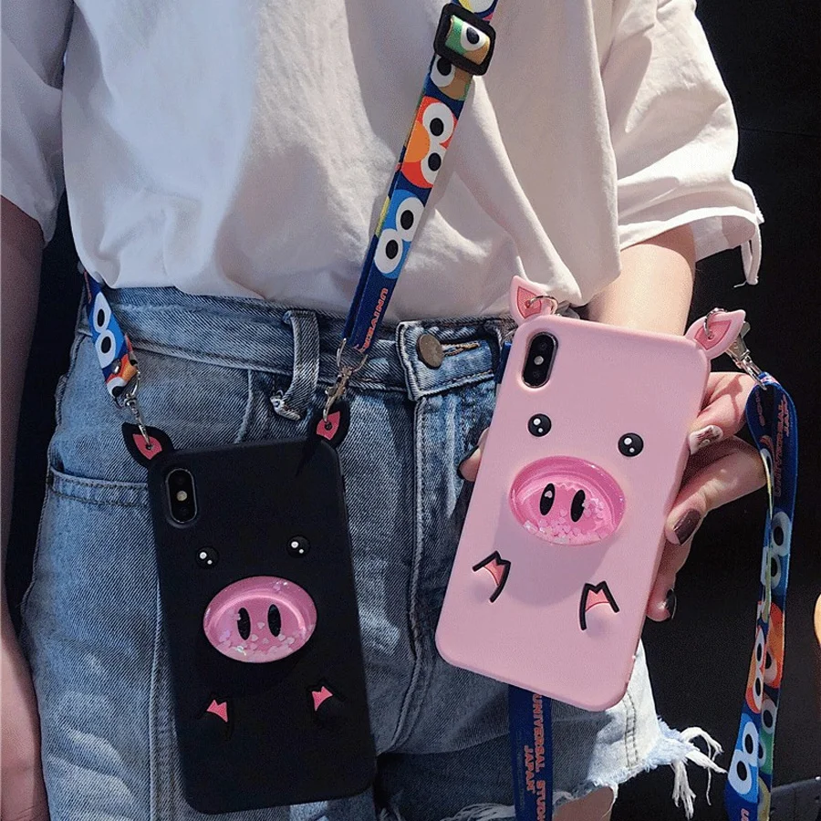 

glitter Quicksand pig shoulder strap silicone case for iphone 7 8 plus XR XS MAX X case cover cute 3d cartoon soft for iphone 6