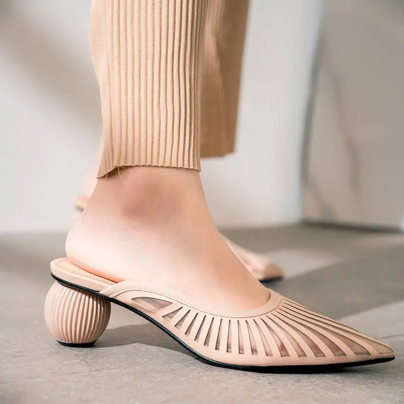 Krazing Pot/Дизайнерские шлёпанцы без шнуровки; европейский дизайн; необычный стиль; средний каблук; острый носок; элегантные вечерние туфли-лодочки с петлей на пятке; L55 - Цвет: apricot