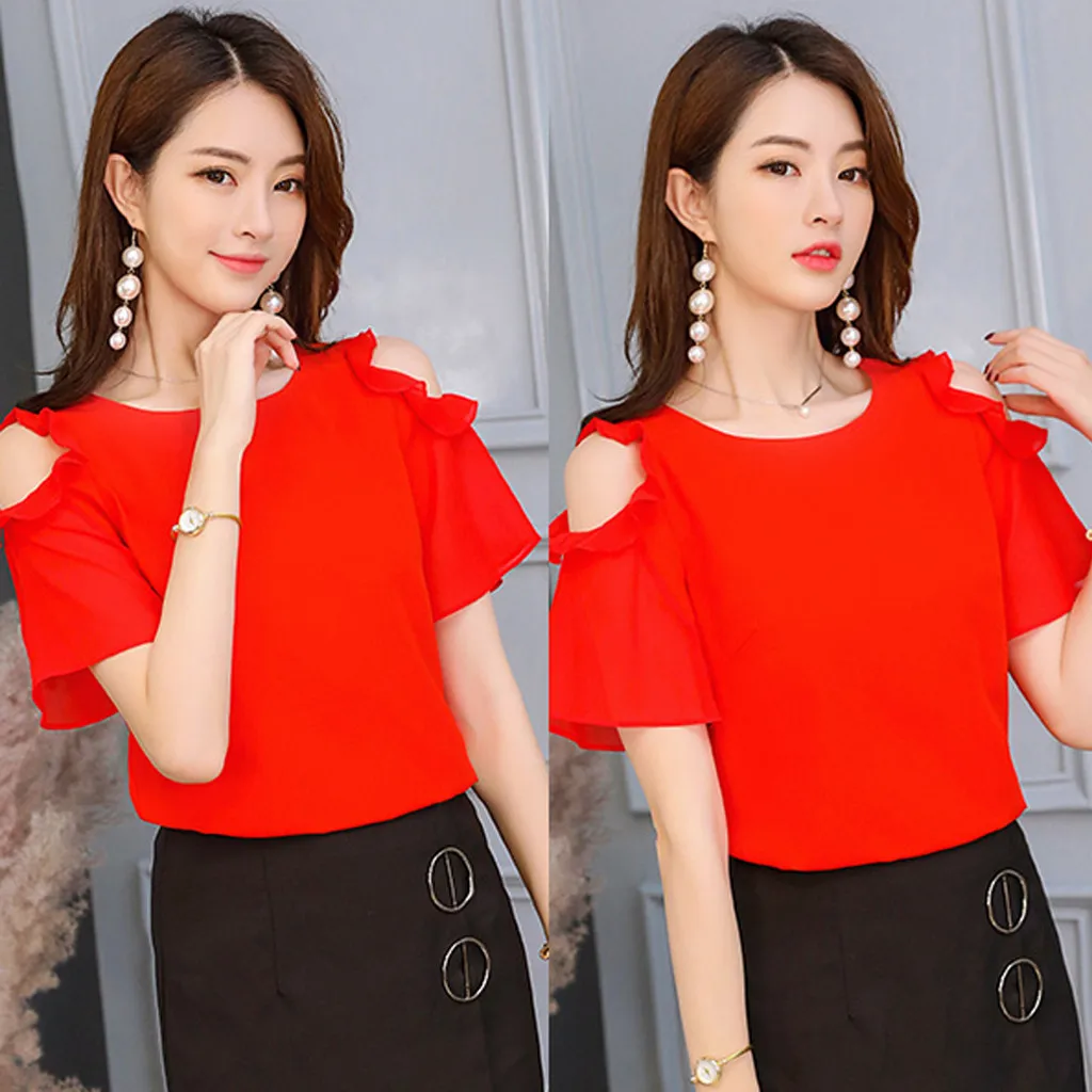 Women Chiffon Shirt 2019 Women Work Office Off Shoulder Ruffles Short Sleeve Solid Chiffon Plus Shirt Top