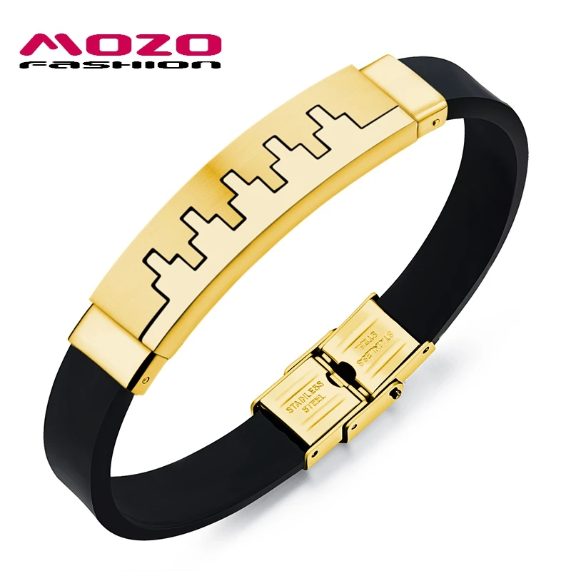 

MOZO FASHION Male Bracelets Gold / Silver Stainless Steel Silicone Bracelet Rubber Wristband Trendy Brand Jewelry for Men GS1005