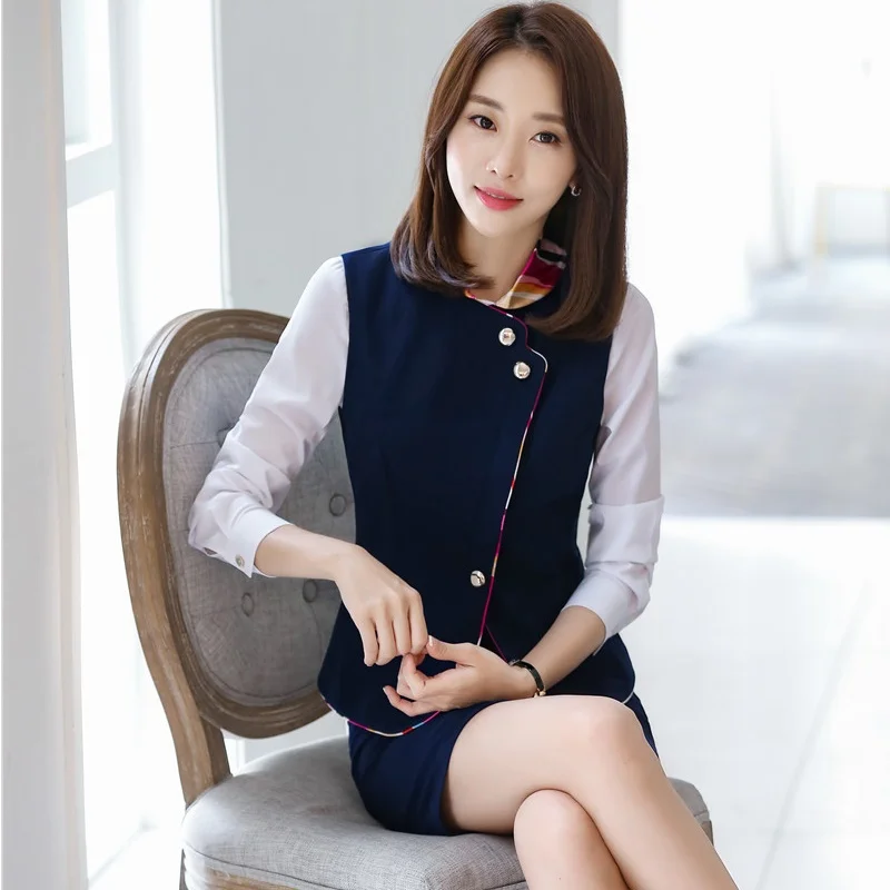 

Fashion Two Piece Women Business Suits with Skirt and Tops Sets Work Wear Ladies Waistcoat & Vest Navy Blue