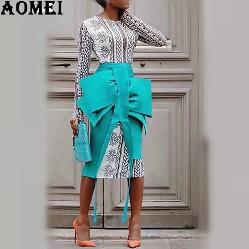

2 Pieces Sets Spring Women Pencil Skirts with Printed Dresses Suits Elegant Big Bowtie Slim Split Jupes Lady Fashion 2019 Summer