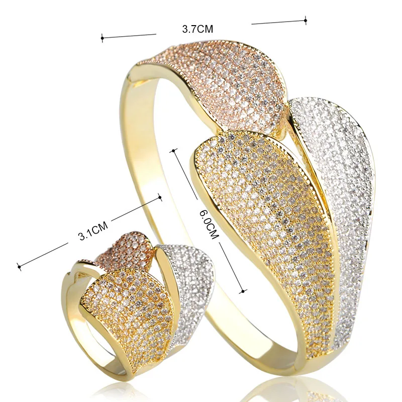 Dazz модные роскошные три цвета Листья Форма браслеты кольцо набор медные украшения с цирконами наборы для женщин девушек большой размер Bijuterias