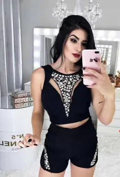 

Top Quality Sexy Mesh Beading Black 2 Piece Bandage Set 2019 Celebrity Designer Fashion Women's Set
