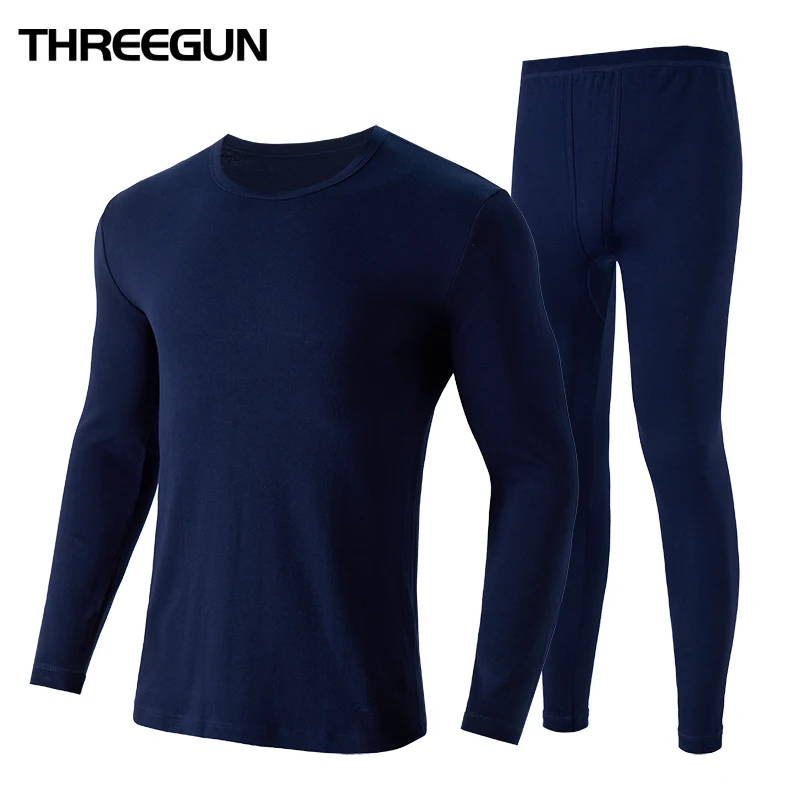 THREEGUN 100% Cotton Winter Men's O-Neck Warm Long Johns Set Ultra-Soft Thermal Underwear termica Undershirt merino Pants Pajama THREEGUN 100% Cotton Winter Men's O-Neck Warm Long Johns Set Ultra-Soft Thermal Underwear termica Undershirt merino Pants Pajama