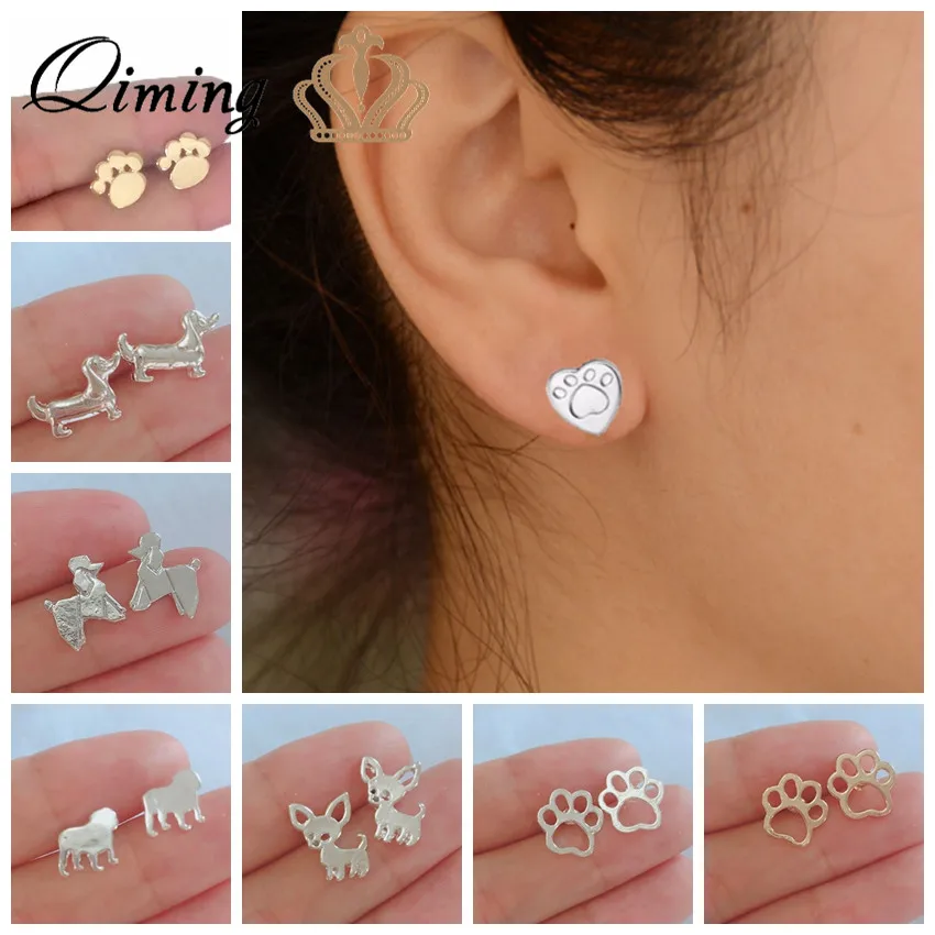 

QIMING Gold Lovely Paw Dog Earrings Children Kids Jewelry Pet Lover Chihuahua Poodle Bulldog Charm Dropshipping Stud Earring