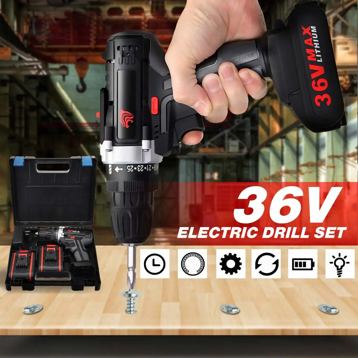 

Multifunction Adjustable 36V Cordless Drill Rechargeable Electric ScrewDriver 2 Speed 25 Torque LED Light w/ 1/2 5000mAh Battery