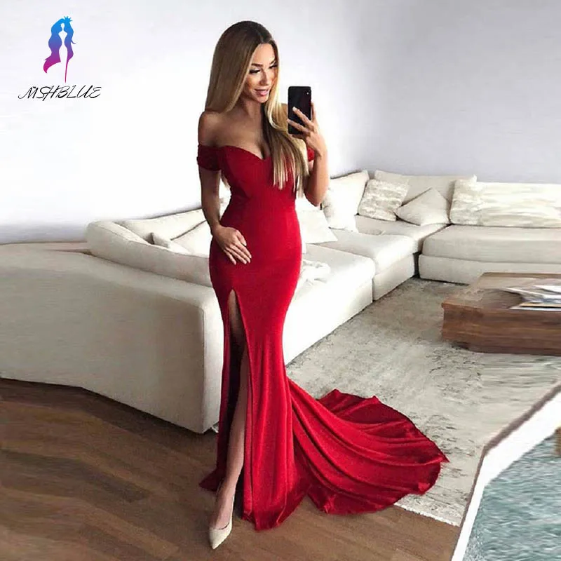 

Off the Shoulder Red Long Prom Dresses Knitting Formal Women Gowns Vestidos MSHBLUE 2019